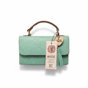 Green Mint Sunflower Embossed Tooled Artisan LEATHER Crossbody Handbag Purse